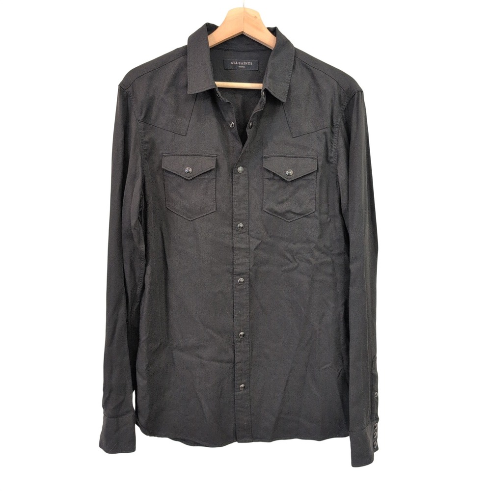 AllSaints Gouldsboro LS Shirt Mens Small Black Lyocell Western Pearl Snap Rodeo